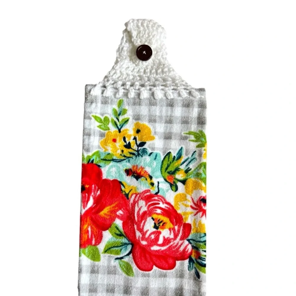 Hand Crafted Floral Red Hanging Kitchen Hand Towel Crochet Top